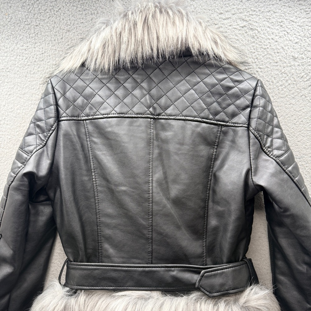 Azalea Wang Empire Bonded Faux Leather Fur Moto Long Sleeve Bomber Jacket Size L - Picture 10 of 13